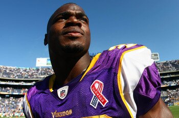 SAN DIEGO, CA - SEPTEMBER 11:   Adrian Peterson #28 of the Minnesota Vikings walks off the field after his team's 24-17 loss to the San Diego Chargers during their season-opening game on September 11, 2011 at Qualcomm Stadium in San DIego, California. (Ph