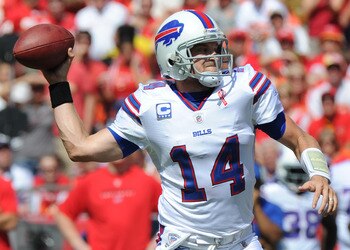 KANSAS CITY, MO - SEPTEMBER 11:  Quarterback Ryan Fitzpatrick #14 of the Buffalo Bills drops back to pass against the Kansas City Chiefs during the second quarter on September 11, 2011 at Arrowhead Stadium in Kansas City, Missouri.  The Bills beat the Chi