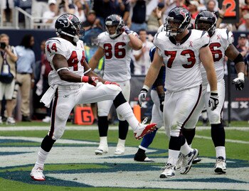 HOUSTON - SEPTEMBER 11:  Running back Ben Tate #44 celebrates after scoring in the first quarter against the Indianapolis Colts at Reliant Stadium on September 11, 2011 in Houston, Texas. The Texans won 34-7.  (Photo by Bob Levey/Getty Images)