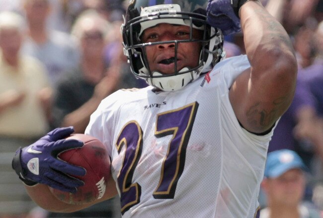 BALTIMORE, MD - SEPTEMBER 11:  Running back Ray Rice #27 of the Baltimore Ravens celebrates after scoring a touchdown against the Pittsburgh Steelers during the season opener at M&T Bank Stadium on September 11, 2011 in Baltimore, Maryland.  (Photo by Rob