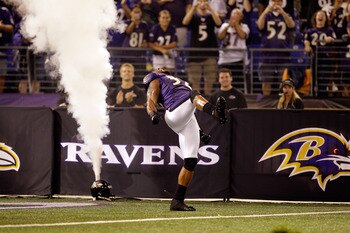 BALTIMORE, MD - AUGUST 25:  Linebacker Ray Lewis #52 of the Baltimore Ravens is introduced before the start of a preaseon game against the Washington Redskins at M&T Bank Stadium on August 25, 2011 in Baltimore, Maryland.  (Photo by Rob Carr/Getty Images)