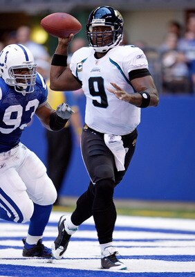 INDIANAPOLIS - SEPTEMBER 13:  David Garrard #9 of the Jacksonville Jaguars throws a pass during the game against the Indianapolis Colts  at Lucas Oil Stadium on September 13, 2009 in Indianapolis, Indiana.  (Photo by Andy Lyons/Getty Images)