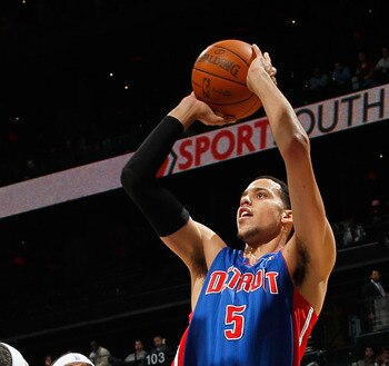 ATLANTA - NOVEMBER 03:  Austin Daye #5 of the Detroit Pistons against the Atlanta Hawks at Philips Arena on November 3, 2010 in Atlanta, Georgia.  NOTE TO USER: User expressly acknowledges and agrees that, by downloading and/or using this Photograph, User