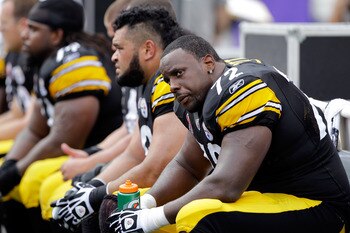 BALTIMORE, MD - SEPTEMBER 11: Offensive lineman Jonathan Scott #72 of the Pittsburgh Steelers looks on from the bench during the closing minutes of the Steelers 35-7 loss to the Baltimore Ravens during the season opener at M&T Bank Stadium on September 11