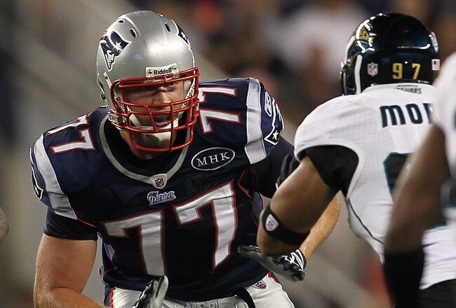 FOXBORO, MA - AUGUST 11:  Nate Solder #77 of the New England Patriots competes during a game against the Jacksonville Jaguars at Gillette Stadium on August 11, 2011 in Foxboro, Massachusetts. (Photo by Jim Rogash/Getty Images)