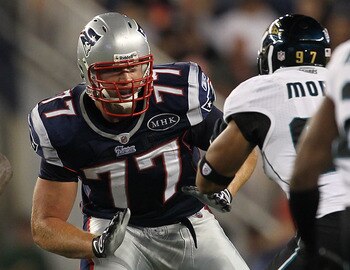 FOXBORO, MA - AUGUST 11:  Nate Solder #77 of the New England Patriots competes during a game against the Jacksonville Jaguars at Gillette Stadium on August 11, 2011 in Foxboro, Massachusetts. (Photo by Jim Rogash/Getty Images)
