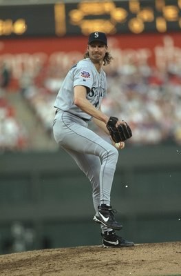 19 Jun 1997:  Pitcher Randy Johnson of the Seattle Mariners in action during a game against the Texas Rangers at the Ballpark in Arlington, Texas.  The Mariners won the game 2-1. Mandatory Credit: Stephen Dunn  /Allsport