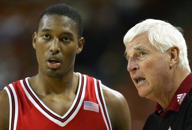 AUSTIN, TX - JANUARY 26: Head coach Bob Knight of the Texas Tech Red Raiders talks with D'walyn Roberts #5 during play with the Texas Longhorns on January 26, 2008 at the Frank Erwin Center in Austin, Texas (Photo by Ronald Martinez/Getty Images)
