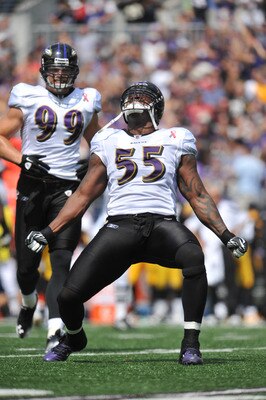 BALTIMORE, MD - SEPTEMBER 11:  Terrell Suggs #55 of the Baltimore Ravens celebrates a play against the Pittsburgh Steelers at M&T Bank Stadium on September 11, 2011 in Baltimore, Maryland. The Ravens defeated the Steelers 35-7. (Photo by Larry French/Gett