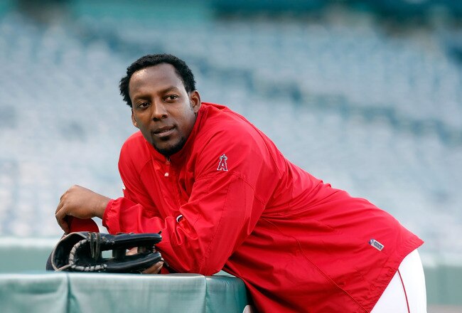 ANAHEIM, CA - OCTOBER 18:  Vladimir Guerrero #27 of the Los Angeles Angels of Anaheim looks on during an off-day workout part of the ALCS during the 2009 MLB Playoffs at Angel Stadium of Anaheim on October 18, 2009 in Anaheim, California.  (Photo by Jeff
