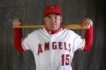 PEORIA, AZ - FEBRUARY 23:  Tim Salmon #15 poses during the Los Angeles Angels of Anaheim photo day at Tempe Diablo Stadium on February 23, 2006 in Tempe, Arizona.  (Photo by Stephen Dunn /Getty Images)