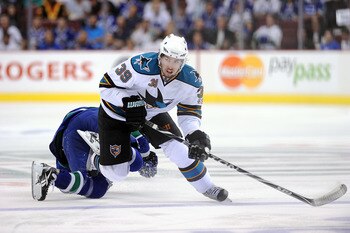 VANCOUVER, CANADA - MAY 18:  Logan Couture #39 of the San Jose Sharks skates across the blueline in Game Two of the Western Conference Finals against the Vancouver Canucks during the 2011 Stanley Cup Playoffs at Rogers Arena on May 18, 2011 in Vancouver,