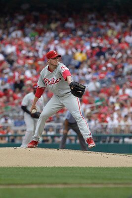 WASHINGTON, DC - AUGUST 21: Starting pitcher Roy Halladay #34 of the Philadelphia Phillies pitches against Washington Nationals at Nationals Park on August 21, 2011 in Washington, DC. (Photo by Rob Carr/Getty Images)