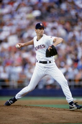 SAN DIEGO - JULY 21:  Pitcher Kevin Brown #27 of the San Diego Padres delivers a pitch during the game at Qualcomm Stadium in San Diego, California, on July 21, 1998. The Padres won 6-3. (Photo by Aubury Washington/Getty Images)