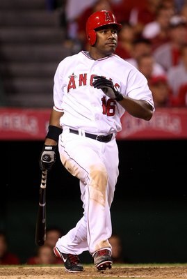 ANAHEIM, CA - OCTOBER 01:  Garret Anderson #16 of the Los Angeles Angels of Anaheim at bat during game one of the American League Division Series against the Boston Red Sox at Angel Stadium on October 1, 2008 in Anaheim, California.  The Red Sox won the g