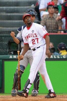ANAHEIM, CA - OCTOBER 19:  Vladimir Guerrero #27 of the Los Angeles Angels of Anaheim hits a two run home run off Andy Pettitte #46 (Not Shown) of the New York Yankees during the sixth inning in Game Three of the ALCS during the 2009 MLB Playoffs at Angel