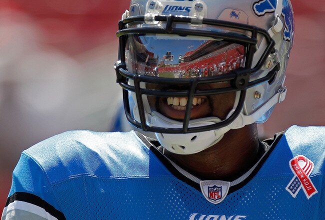 TAMPA, FL - SEPTEMBER 11:  Calvin Johnson #81 of the Detroit Lions warms up during the season opener against the Tampa Bay Buccaneers at Raymond James Stadium on September 11, 2011 in Tampa, Florida.  (Photo by Mike Ehrmann/Getty Images)