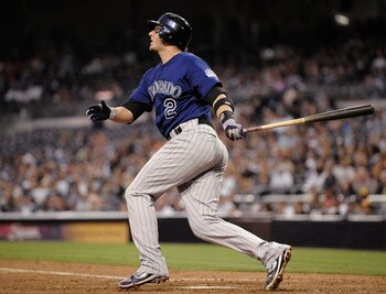SAN DIEGO, CA - SEPTEMBER 3:  Troy Tulowitzki #2 of the Colorado Rockies hits a RBI single during the fifth inning of a baseball game against the San Diego Padres at Petco Park on September 3, 2011 in San Diego, California. (Photo by Denis Poroy/Getty Ima