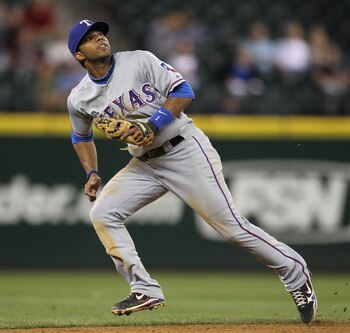 SEATTLE - AUGUST 03:  Shortstop Elvis Andrus #1 of the Texas Rangers follows a pop foul against the Seattle Mariners at Safeco Field on August 3, 2010 in Seattle, Washington. (Photo by Otto Greule Jr/Getty Images)