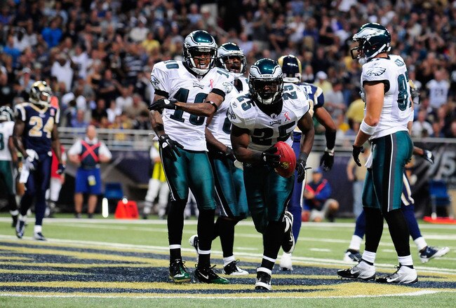 ST. LOUIS, MO - SEPTEMBER 11: LeSean McCoy #25 of the Philadelphia Eagles celebrates with DeSean Jackson #10 after scoring a touchdown against the St. Louis Rams at the Edward Jones Dome on September 11, 2011 in St. Louis, Missouri. The Eagles defeated th