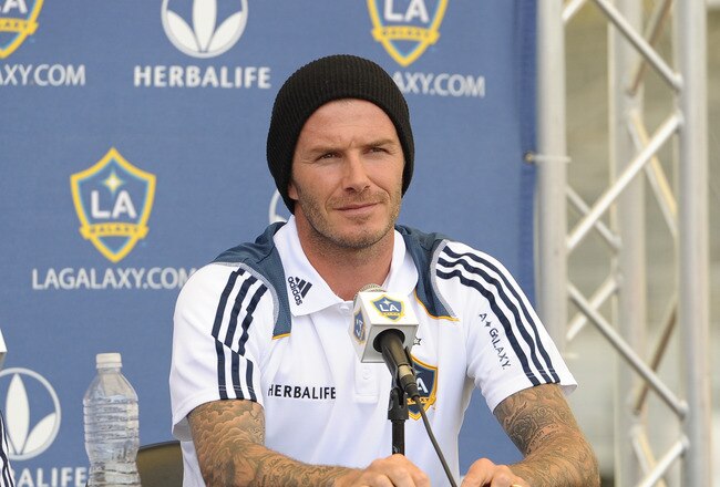 CARSON, CA - AUGUST 19:  David Beckham #23 of the Los Angeles Galaxy attends a news conference to announce the newly acquired Los Angeles Galaxy forward Robbie Keane #14 at The Home Depot Center on August 19, 2011 in Carson, California. Keane, who is the