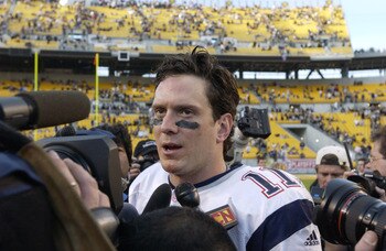 27 Jan 2002 : Drew Bledsoe of the New England Patriots faces the press after the AFC Championship Game against the Pittsburgh Steelers at Heinz Field in Pittsburgh, Pennsylvania. The Patriots won 24-17. DIGITAL IMAGE. Mandatory Credit: Ezra Shaw/Getty Ima