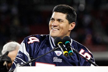 FOXBORO, MA - DECEMBER 06:  Former New England Patriots Tedy Bruschi speaks at the pdium during a halftime ceremony honoring his playing career as the Patriots host the New York Jets at Gillette Stadium on December 6, 2010 in Foxboro, Massachusetts.  (Pho