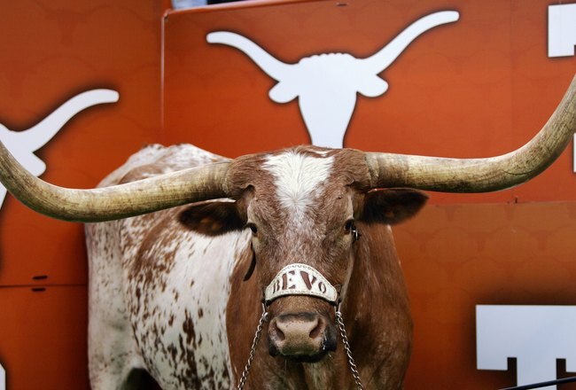 AUSTIN, TX - OCTOBER 10:  Bevo, the mascot of the Texas Longhorns, stands in his corner during a game against the Colorado Buffaloes on October 10, 2009 at Darrell K Royal-Texas Memorial Stadium in Austin, Texas.  Texas won 38-14.  (Photo by Brian Bahr/Ge