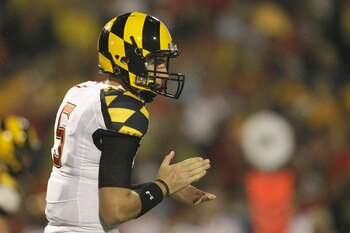 COLLEGE PARK, MD - SEPTEMBER 05: Quarterback Danny O'Brien #5 of the Maryland Terrapins lines up against the Miami Hurricanes at Byrd Stadium on September 5, 2011 in College Park, Maryland.  (Photo by Rob Carr/Getty Images)