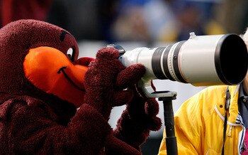 ATLANTA - OCTOBER 17:  The Hokie Bird, mascot of the Virginia Tech Hokies, uses a camera to watch the game against the Georgia Tech Yellow Jackets at Bobby Dodd Stadium on October 17, 2009 in Atlanta, Georgia.  (Photo by Kevin C. Cox/Getty Images)