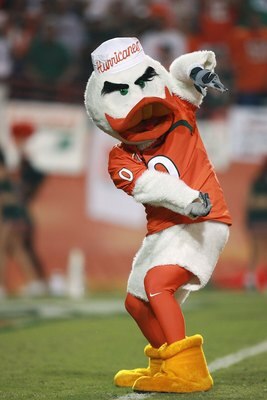 CORAL GABLES, FL - NOVEMBER 10:  Sebastian the Ibus gets the crowd going during a stoppage in play as the Virginia Cavaliers take on the Miami Hurricanes at the Orange Bowl on November 10, 2007 in Coral Gables, Florida. The Hurricanes played their last ga