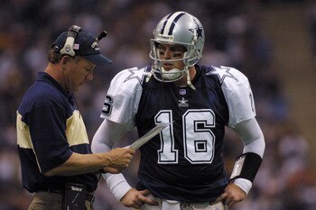 22 Nov 2001 : Quarterback Ryan Leaf #16 of the Dallas Cowboys during the game against the Denver Broncos at Texas Stadium in Irving, Texas. The Broncos won 26-24. DIGITAL IMAGE. Mandatory Credit: Ronald Martinez/Getty Images