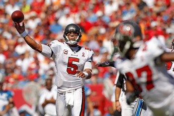 TAMPA, FL - SEPTEMBER 11:  Josh Freeman #5 of the Tampa Bay Buccaneers makes a pass during the season opener against the Detroit Lions at Raymond James Stadium on September 11, 2011 in Tampa, Florida.  (Photo by Mike Ehrmann/Getty Images)