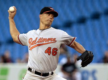 TORONTO, CANADA - SEPTEMBER 9:  Jeremy Guthrie #46 of the Baltimore Orioles throws a pitch during MLB action against the Toronto Blue Jays at the Rogers Centre September 9, 2011 in Toronto, Ontario, Canada. (Photo by Abelimages/Getty Images)