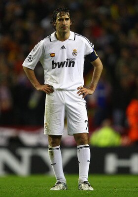 LIVERPOOL, UNITED KINGDOM - MARCH 10:  Raul of Real Madrid shows his dejection at the end of the UEFA Champions League Round of Sixteen, Second Leg match between Liverpool and Real Madrid at Anfield on March 10, 2009 in Liverpool, England.  (Photo by Cliv