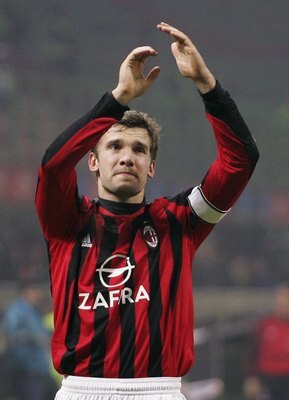 MILAN, ITALY - FEBRUARY 8:  Andriy Shevchenko of Milan celebrates a goal during the Serie A match between AC Milan and Treviso at the Giuseppe Meazza, San Siro Stadium on February 8, 2006 in Milan, Italy.  (Photo by New Press/Getty Images)