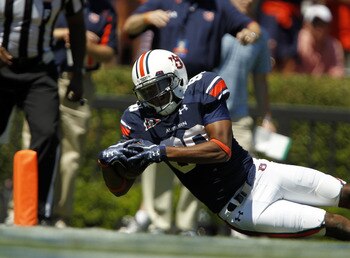 AUBURN, AL - SEPTEMBER 10: Wide receiver Emory Blake #80 of the Auburn Tigers dives for the endzone for a touchdown against Mississippi State in the second quarter on September 10, 2011 at Jordan-Hare Stadium in Auburn, Alabama. (Photo by Butch Dill/Getty