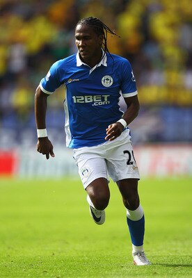 WIGAN, ENGLAND - AUGUST 13:  Hugo Rodallega of Wigan Athletic in action during the Barclays Premier League match between Wigan Athletic and Norwich City at the DW Stadium on August 13, 2011 in Wigan, England.  (Photo by Matthew Lewis/Getty Images)