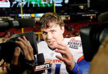 ATLANTA, GA - SEPTEMBER 03:  Kellen Moore #11 of the Boise State Broncos is interviewed after their 35-21 win over the Georgia Bulldogs at Georgia Dome on September 3, 2011 in Atlanta, Georgia.  (Photo by Kevin C. Cox/Getty Images)