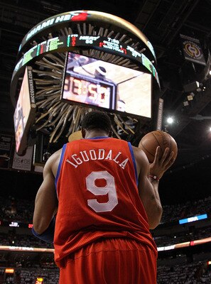 MIAMI, FL - APRIL 18:  Andre Iguodala #9 of the Philadelphia 76ers inbounds the ball   during game two of the Eastern Conference Quarterfinals against the Miami Heat  at American Airlines Arena on April 18, 2011 in Miami, Florida. NOTE TO USER: User expre