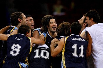 BEIJING - AUGUST 24:  Luis Alberto Scola #4 of Argentina celebrates with his teammates after their win over Lithuania in the bronze medal game during Day 16 of the Beijing 2008 Olympic Games at the Beijing Olympic Basketball Gymnasium on August 24, 2008 i