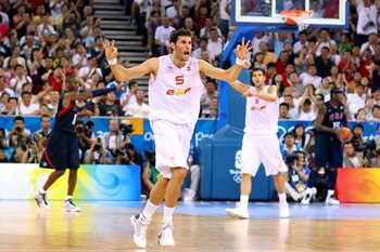 BEIJING - AUGUST 24:  Rudy Fernandez #5 of Spain reacts in the gold medal game against the United States during Day 16 of the Beijing 2008 Olympic Games at the Beijing Olympic Basketball Gymnasium on August 24, 2008 in Beijing, China.  (Photo by Phil Walt