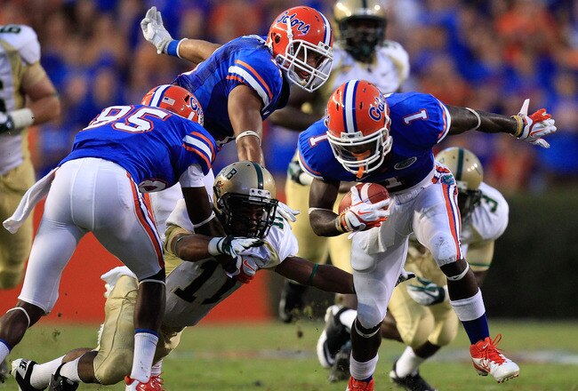 GAINESVILLE, FL - SEPTEMBER 10:  Chris Rainey #1 of the Florida Gators runs for yardage during a game against the UAB Blazers at Ben Hill Griffin Stadium on September 10, 2011 in Gainesville, Florida.  (Photo by Sam Greenwood/Getty Images)