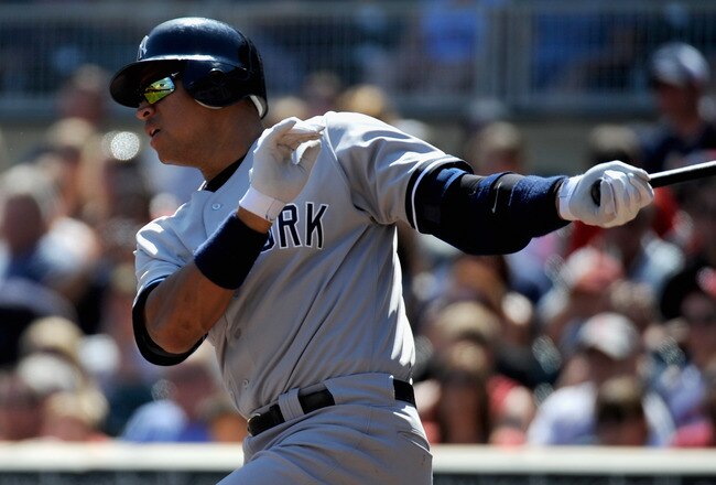 MINNEAPOLIS, MN - AUGUST 21: Alex Rodriguez #13 of the New York Yankees grounds out against the Minnesota Twins in the third inning on August 21, 2011 at Target Field in Minneapolis, Minnesota. (Photo by Hannah Foslien/Getty Images)