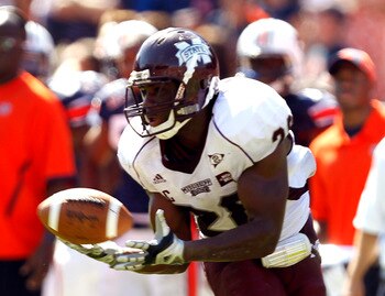 AUBURN, AL - SEPTEMBER 10:  Running back Vick Ballard #28 of the Mississippi State Bulldogs catches a pass for a first down against the Auburn Tigers in the on September 10, 2011 at Jordan-Hare Stadium in Auburn, Alabama. (Photo by Butch Dill/Getty Images