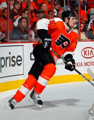 PHILADELPHIA, PA - MAY 02:  Matt Carle #25 of the Philadelphia Flyers skates in Game Two of the Eastern Conference Semifinals against the Boston Bruins during the 2011 NHL Stanley Cup Playoffs at Wells Fargo Center on May 2, 2011 in Philadelphia, Pennsylv