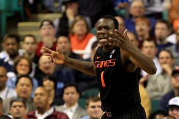GREENSBORO, NC - MARCH 11:  Durand Scott #1 of the Miami Hurricanes reacts during the second half against the North Carolina Tar Heels in the quarterfinals of the 2011 ACC men's basketball tournament at the Greensboro Coliseum on March 11, 2011 in Greensb