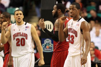 GREENSBORO, NC - MARCH 10:  Jordan Williams #20 and Dino Gregory of the Maryland Terrapins celebrate during the second half of the game against the North Carolina State Wolfpack in the first round of the 2011 ACC men's basketball tournament at the Greensb
