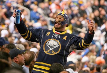 BUFFALO, NY - APRIL 18: A fan of the Buffalo Sabres shows his support against the Philadelphia Flyers in Game Three of the Eastern Conference Quarterfinals during the 2011 NHL Stanley Cup Playoffs at HSBC Arena at HSBC Arena on April 18, 2011 in Buffalo,
