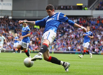 GLASGOW, SCOTLAND - SEPTEMBER 18:  Kyle Lafferty of Rangers in action during the Clydesdale Bank Premier League match between Rangers and Celtic at Ibrox Stadium on September 18, 2011 in Glasgow, Scotland.   (Photo by Jeff J Mitchell/Getty Images)